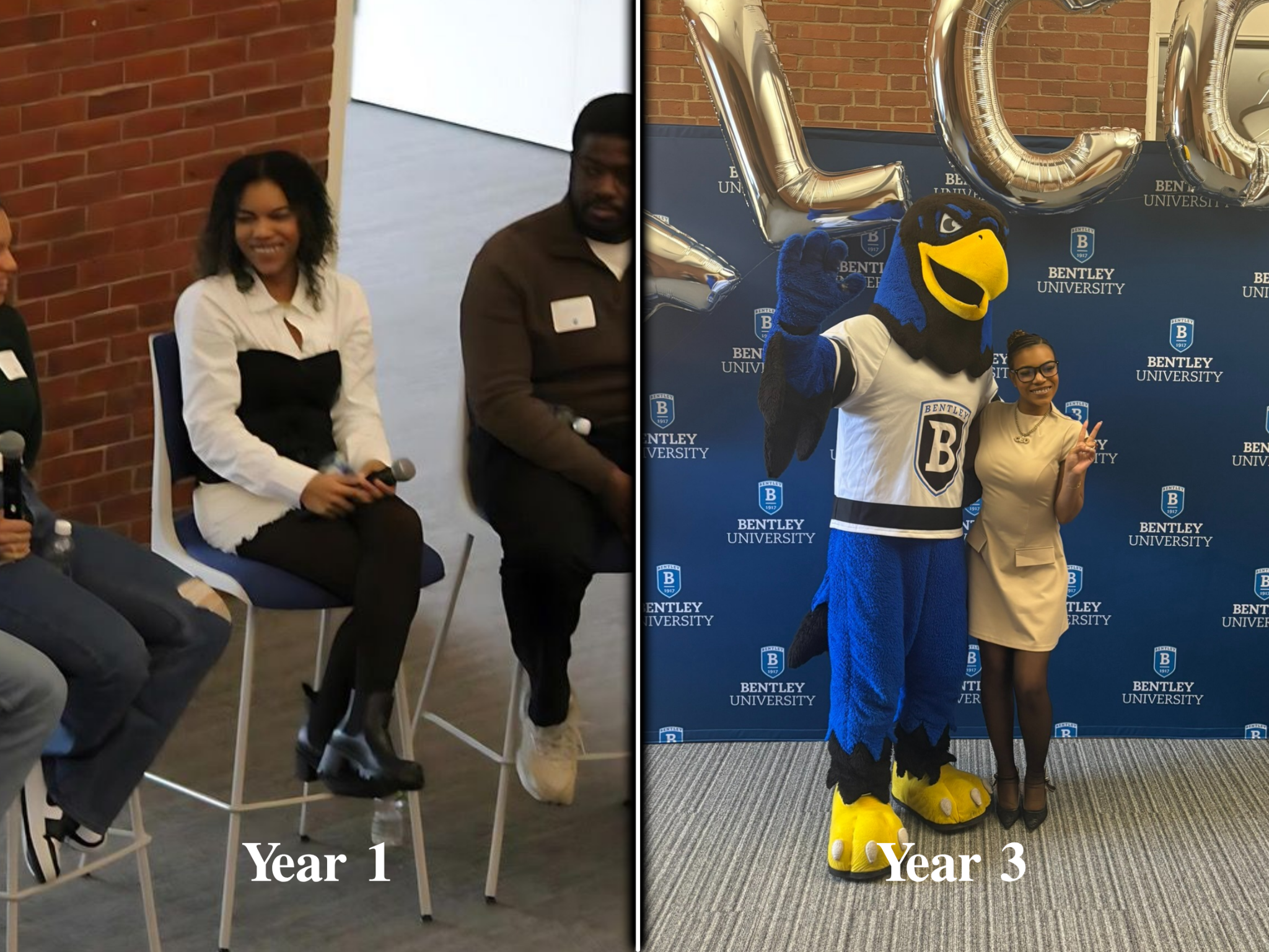 Jaychele’s progression from first year to third year, including a photograph with Bentley mascot Flex