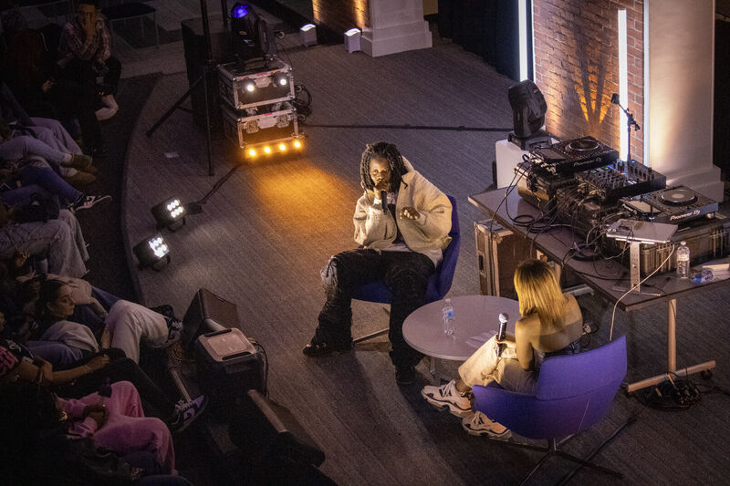 Overhead photograph of Jaychele’s conversation with Wolfacejoeyy at Bentley’s first Black History Month concert