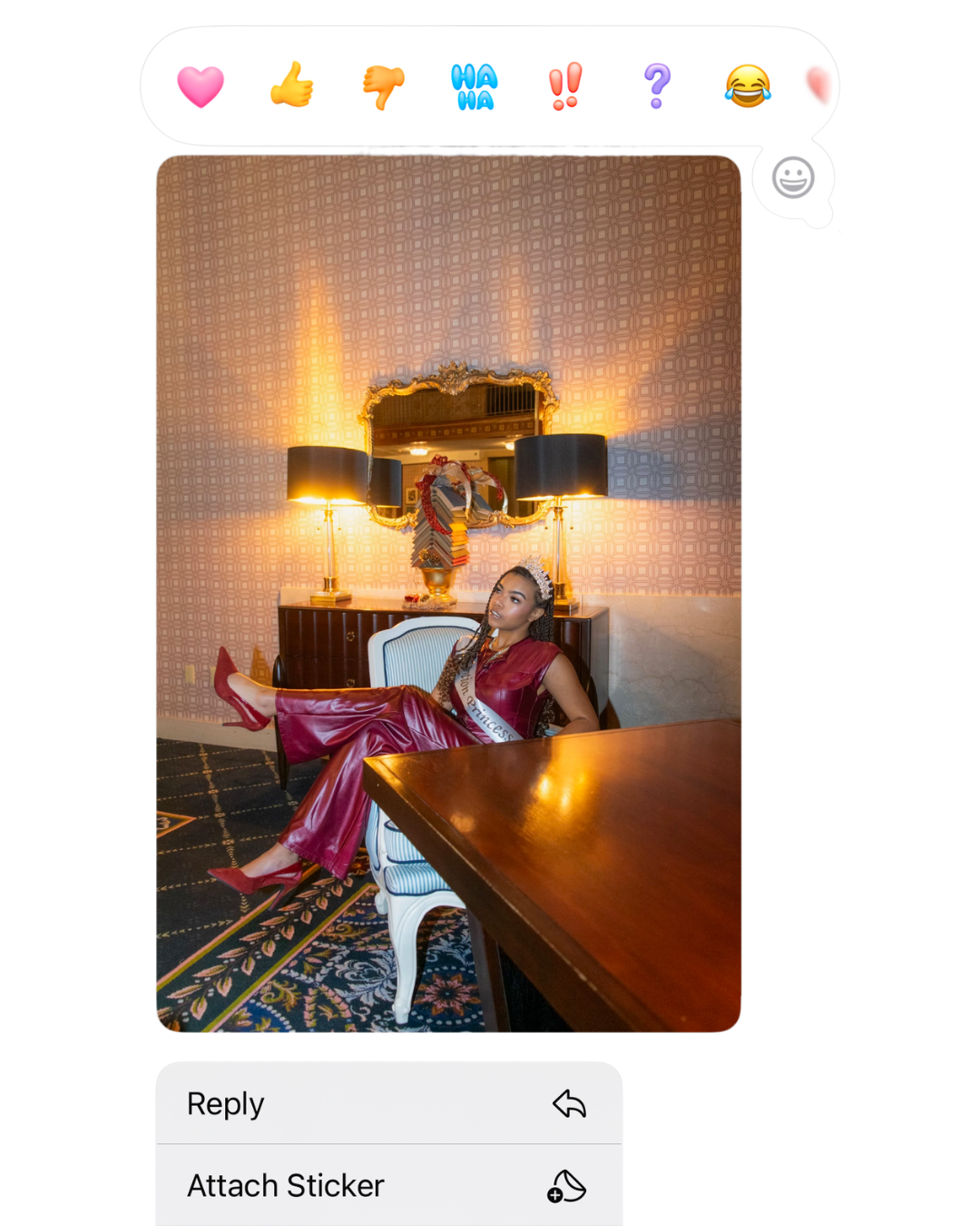Jaychele’s playful portrait presented inside an iMessage reaction design